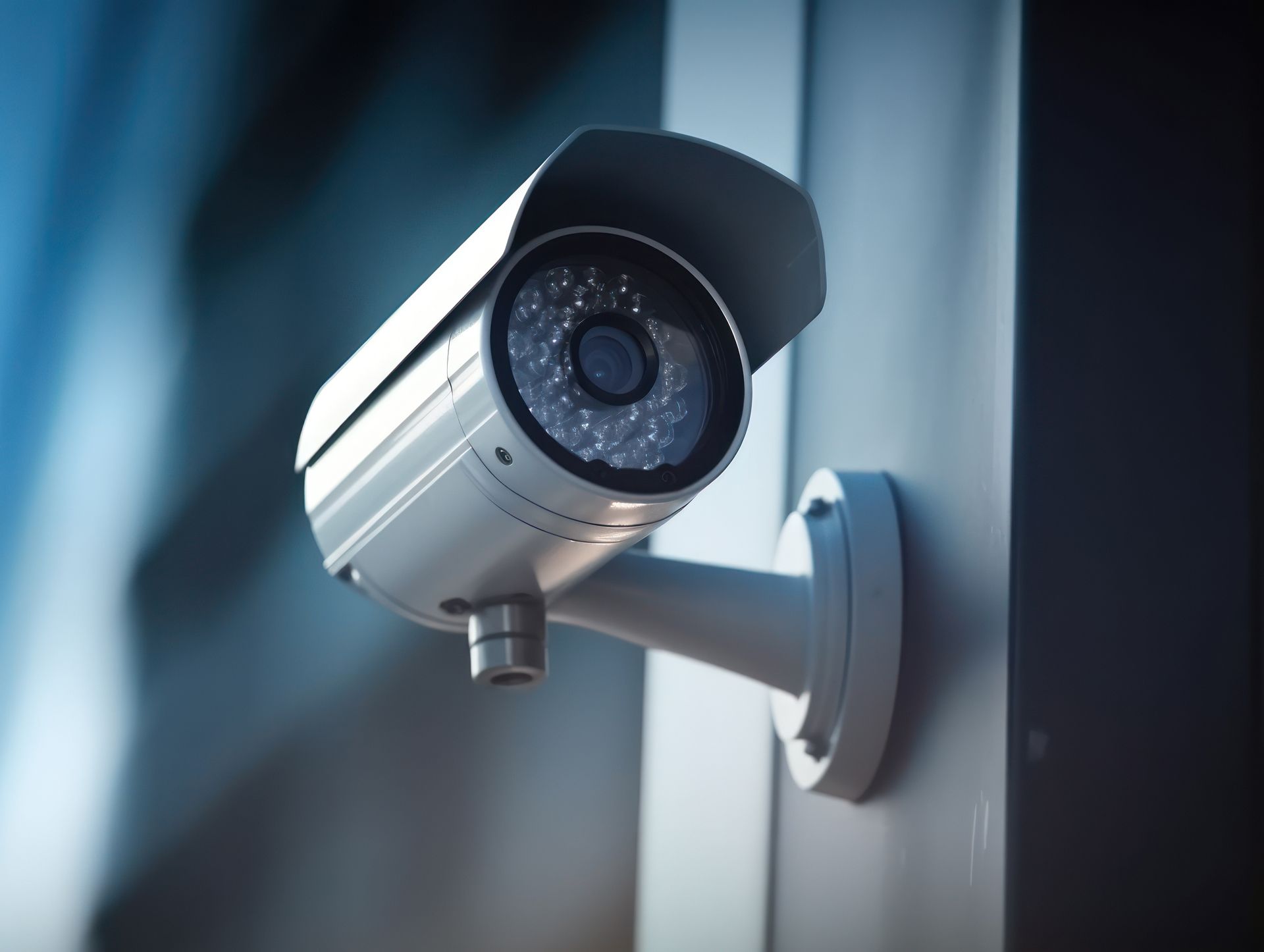 Silver CCTV security camera mounted on a wall, angled downward in a dim hallway