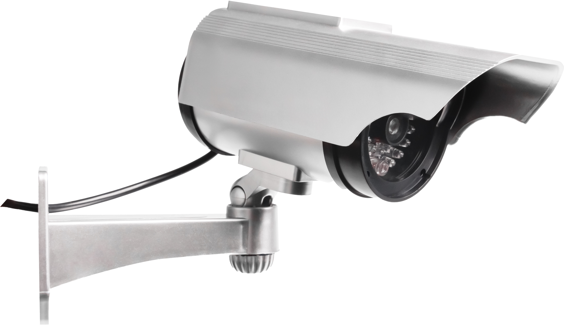 Silver security camera mounted on a metal bracket with a cable attached