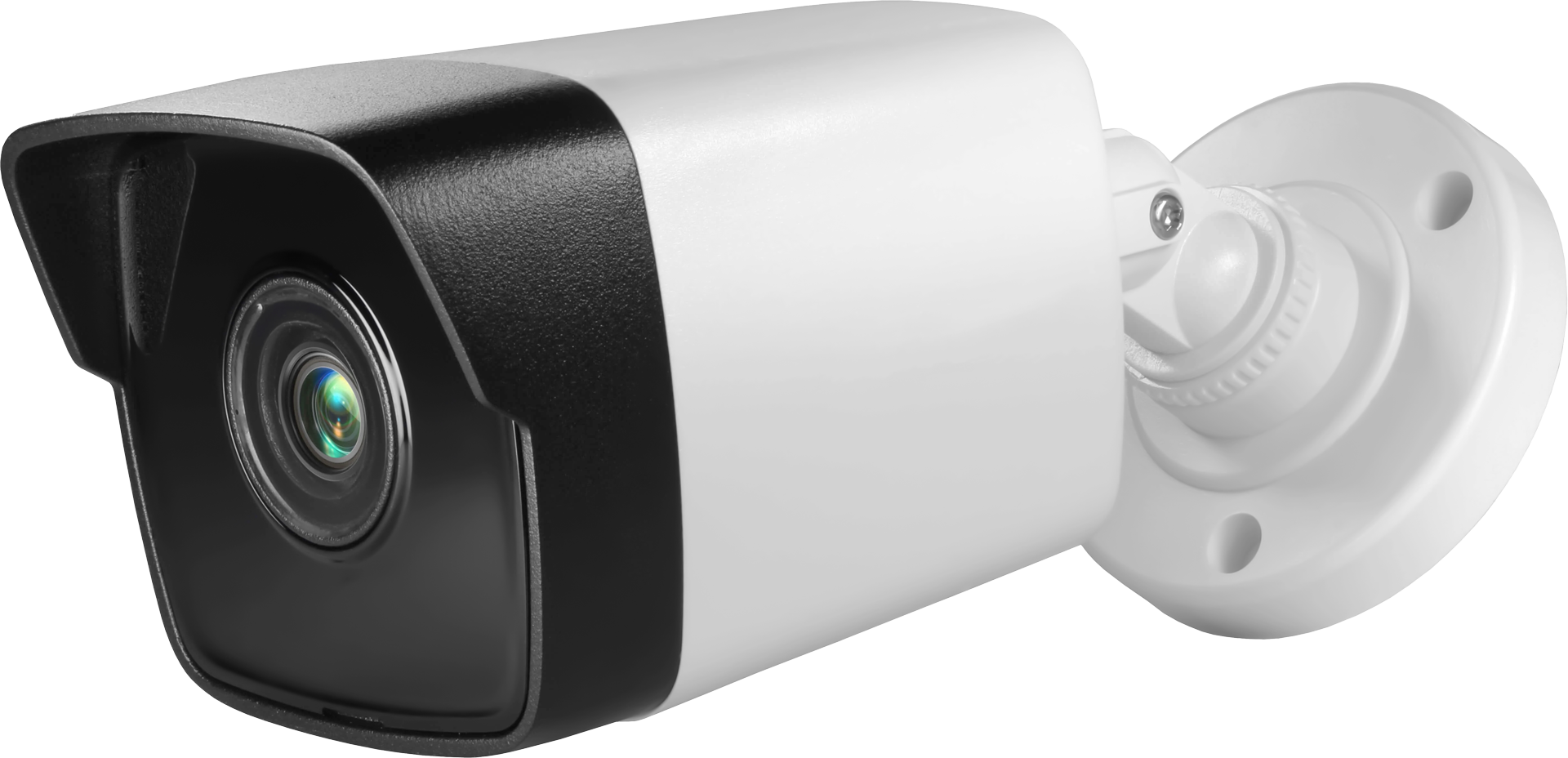 White and black security camera mounted on a wall bracket, angled outward