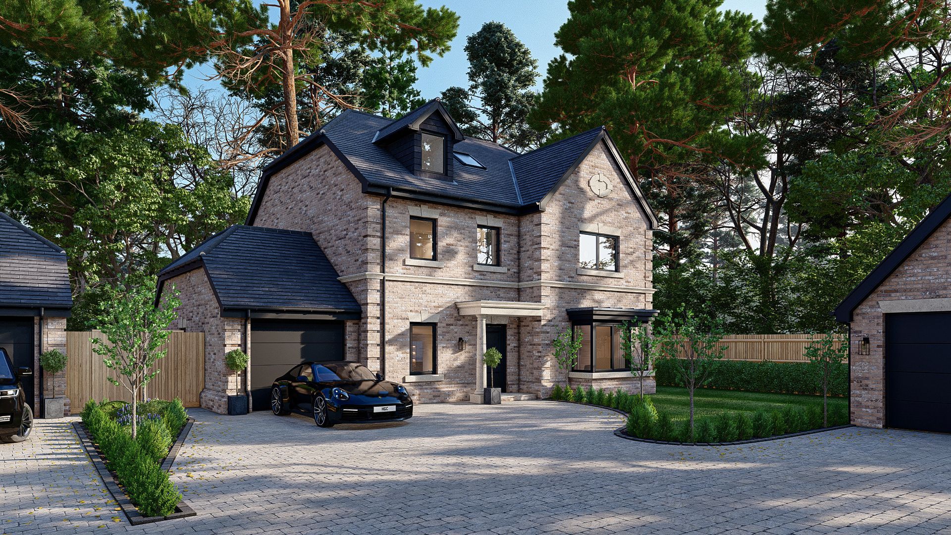 Luxury 5-bedroom detached home at The Ferns, Windlesham, Surrey, with private road access, parking, and landscaped gardens.