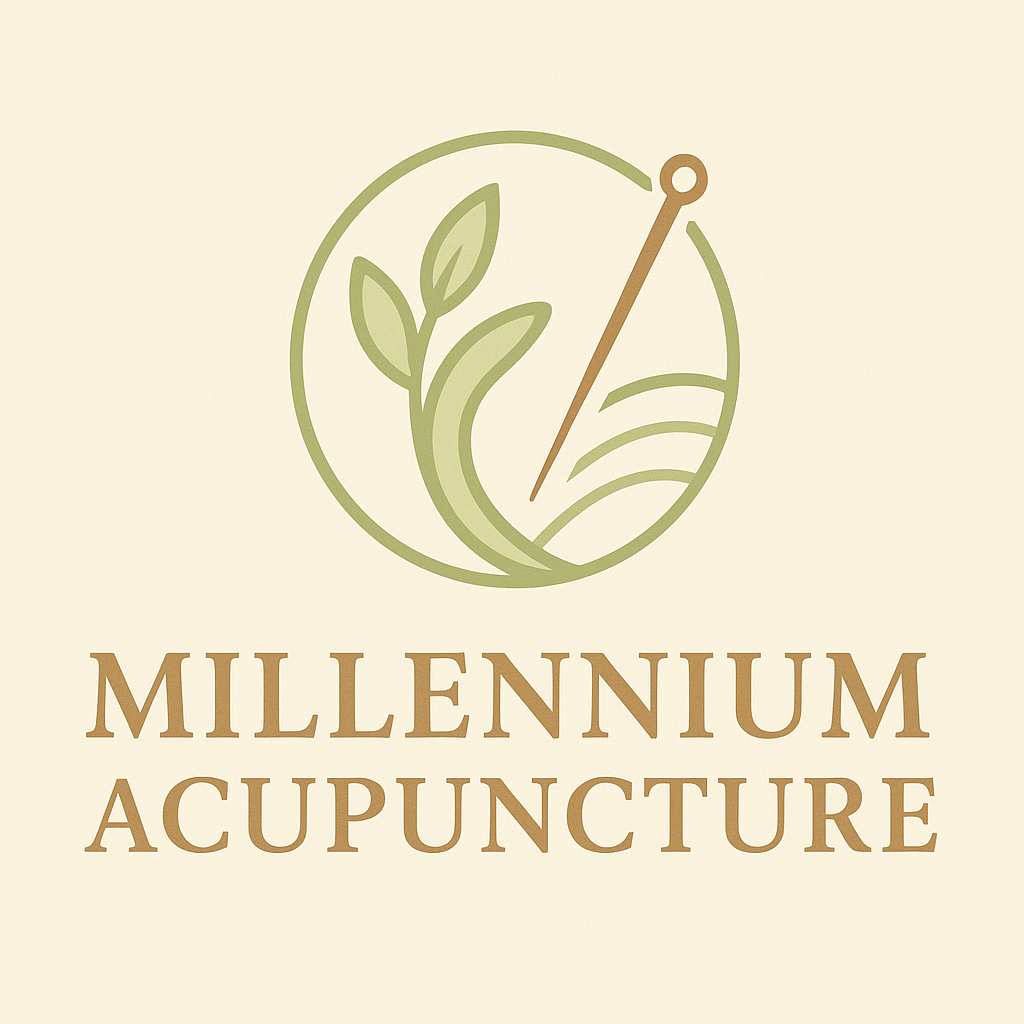 Logo for Millennium Acupuncture: green plant and needle within a circle, tan background, text in brown.