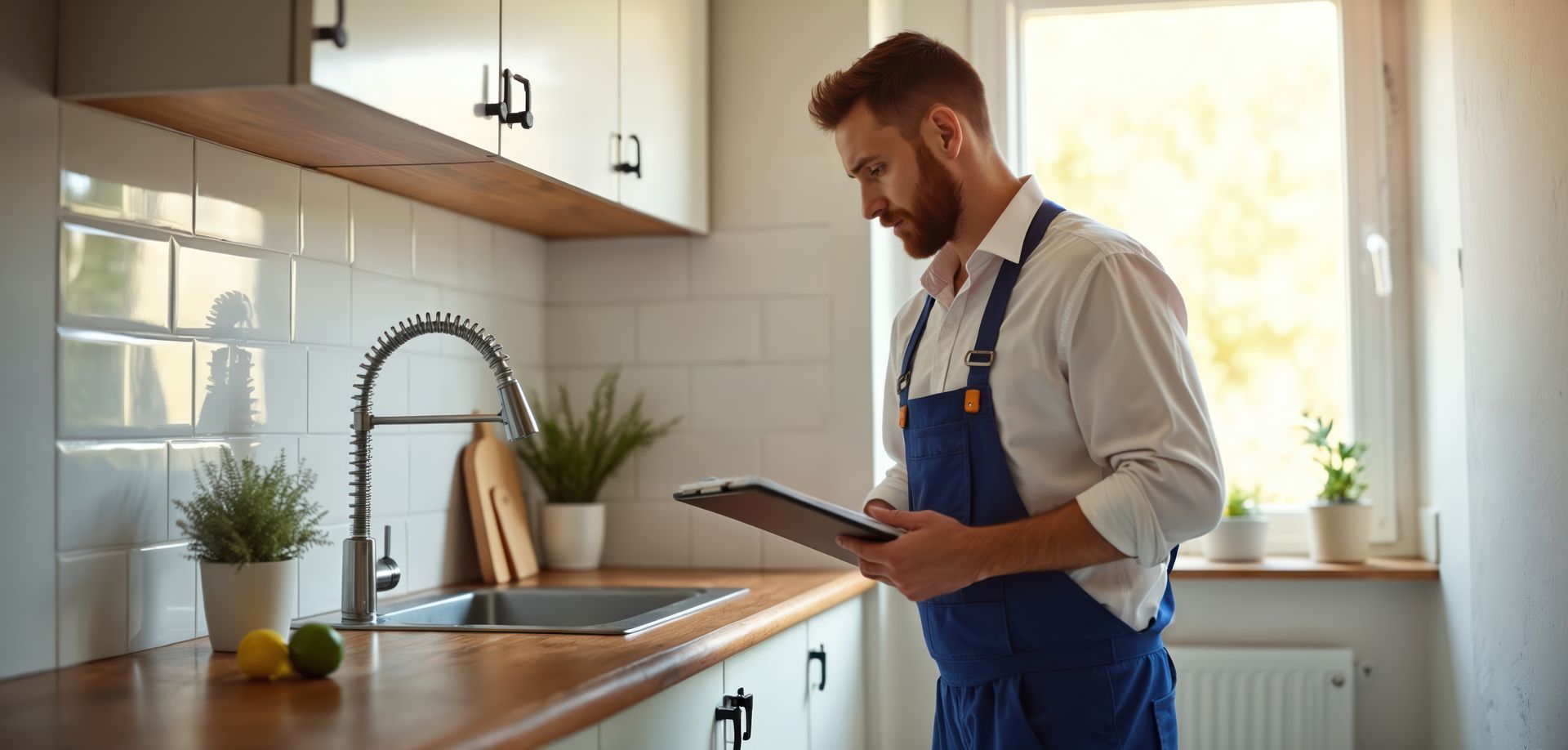 Residential plumber checking kitchen faucet and sink pipes while reviewing repair notes on tablet.