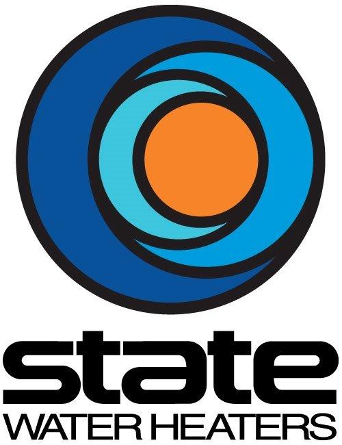 Logo of State Water Heaters: blue, light blue, and orange circular design above black text.