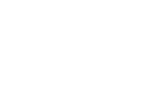 Curved red and blue lines above white text, likely a company logo.