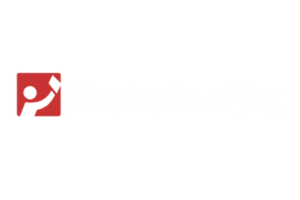 Curved red and blue lines above white text, likely a company logo.