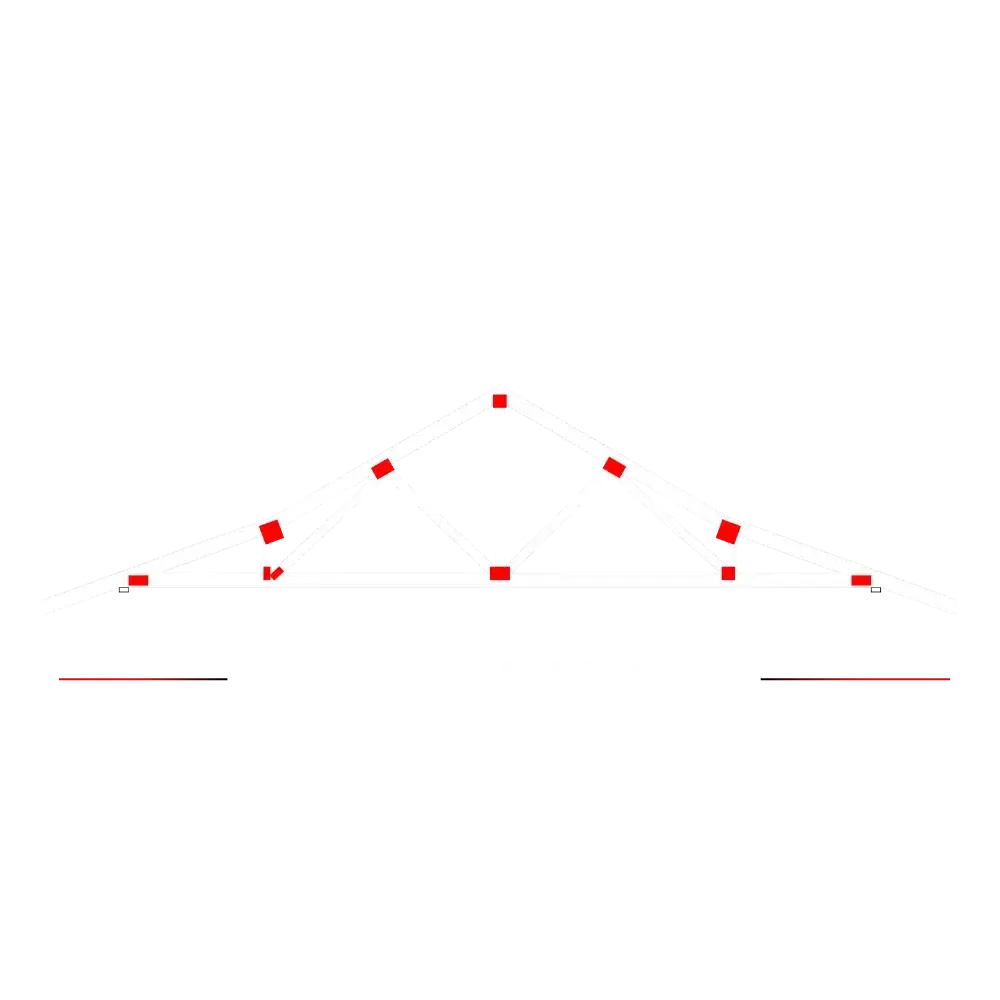A red and white architectural diagram of a roof truss.