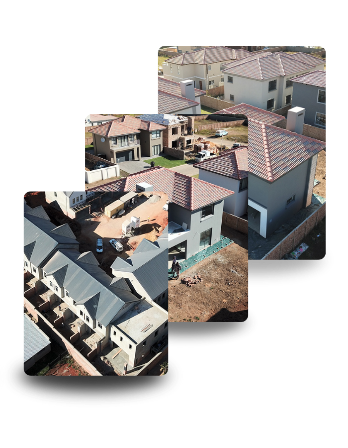 Collage of aerial photos showing suburban houses with gray and brown roofs under construction
