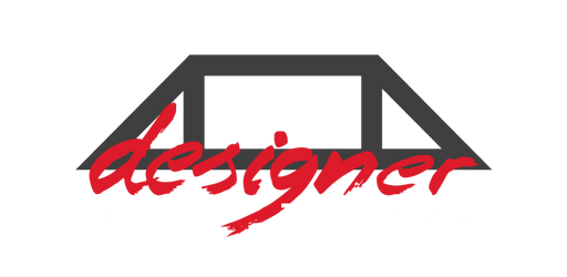 Stylized black and red “designer” logo with a house-like outline above the word