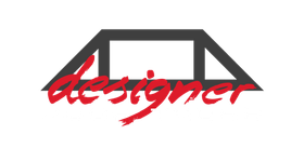 Stylized black and red “designer” logo with a house-like outline above the word