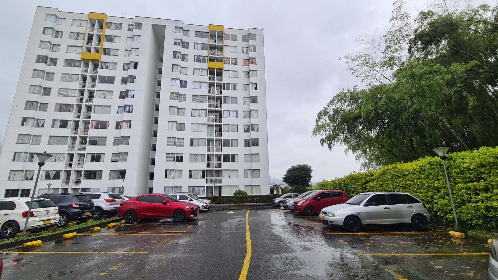 Estacionamiento mojado junto a edificios de apartamentos blancos, con autos estacionados y árboles en un día lluvioso.
