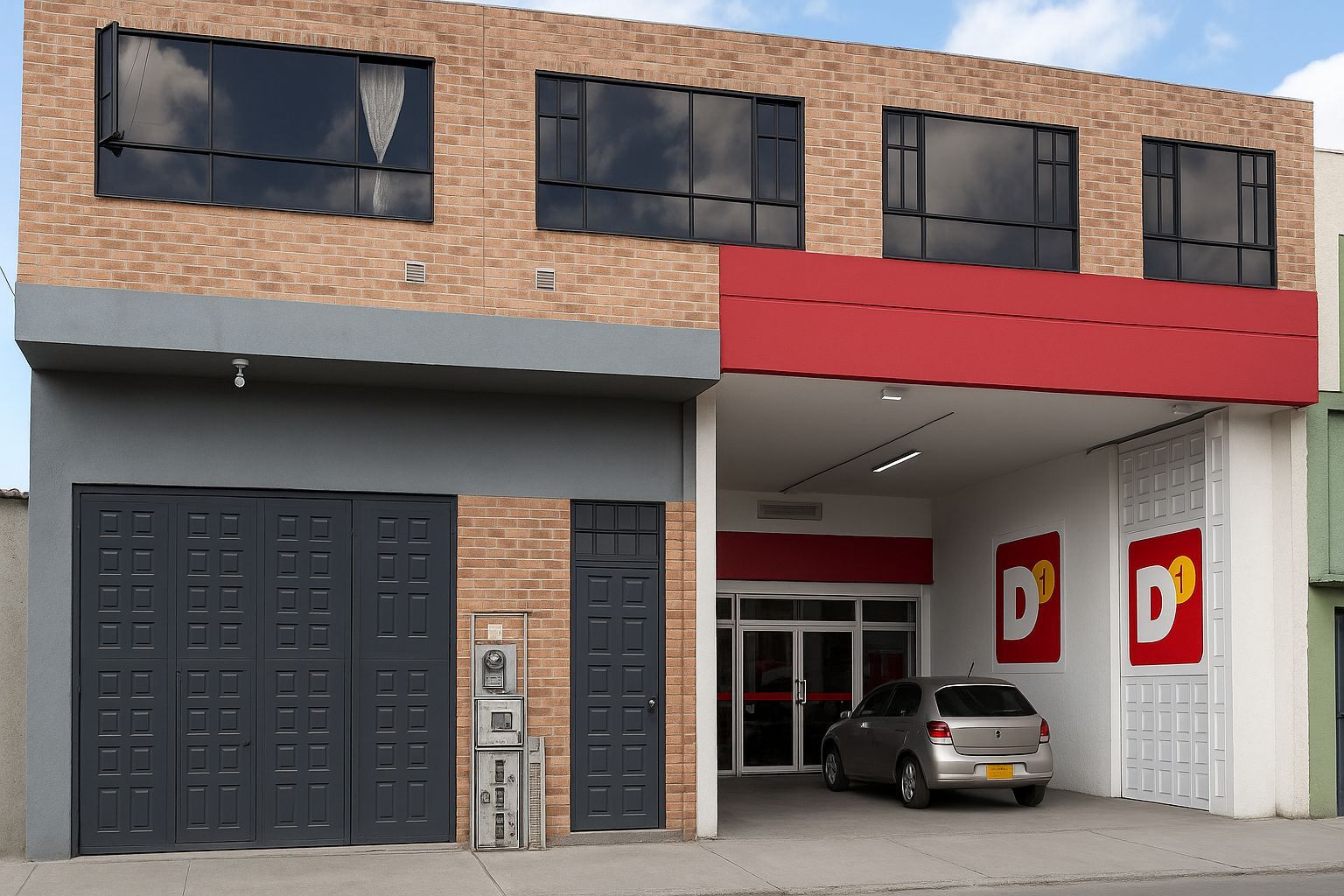 Fachada de ladrillo con ventanas negras, toldo rojo y un coche aparcado en la entrada.