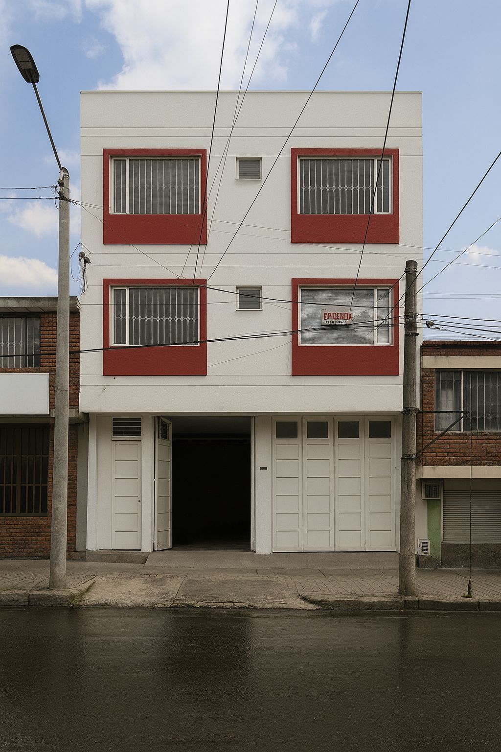Edificio blanco de tres plantas con marcos de ventanas rojos sobre las puertas del garaje en una calle mojada.