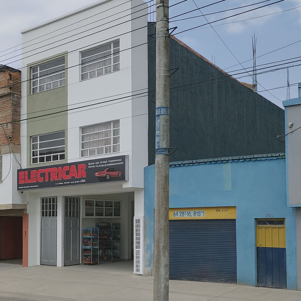 Vista de la calle de una tienda de electricidad blanca y gris junto a una tienda con fachada azul y un poste de luz enfrente.