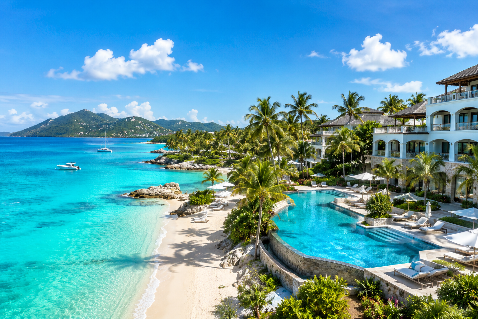 Tropical beach resort with turquoise water, palm trees, pool, and ocean view under a bright blue sky