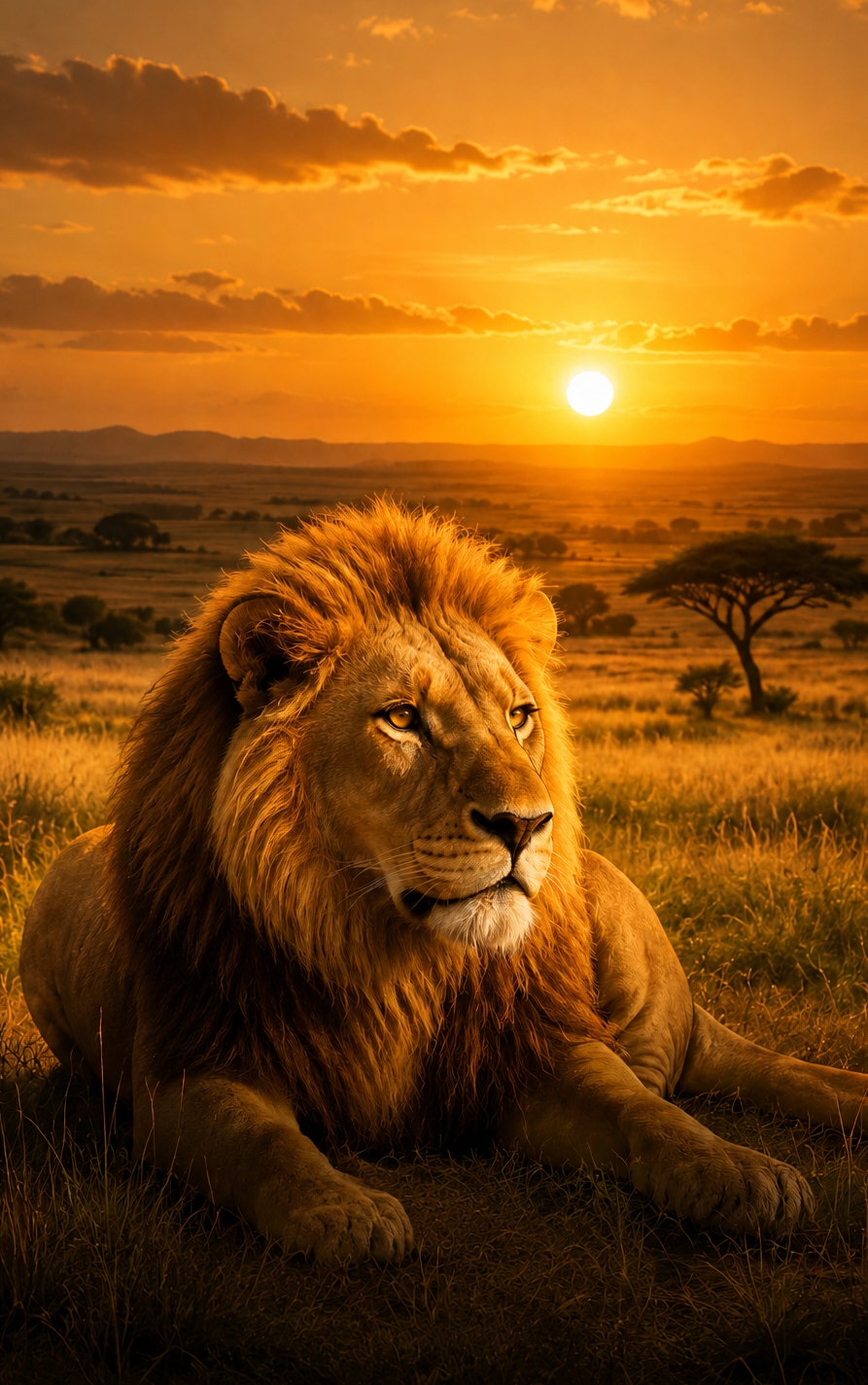 Lion resting in golden grass at sunset on the savanna