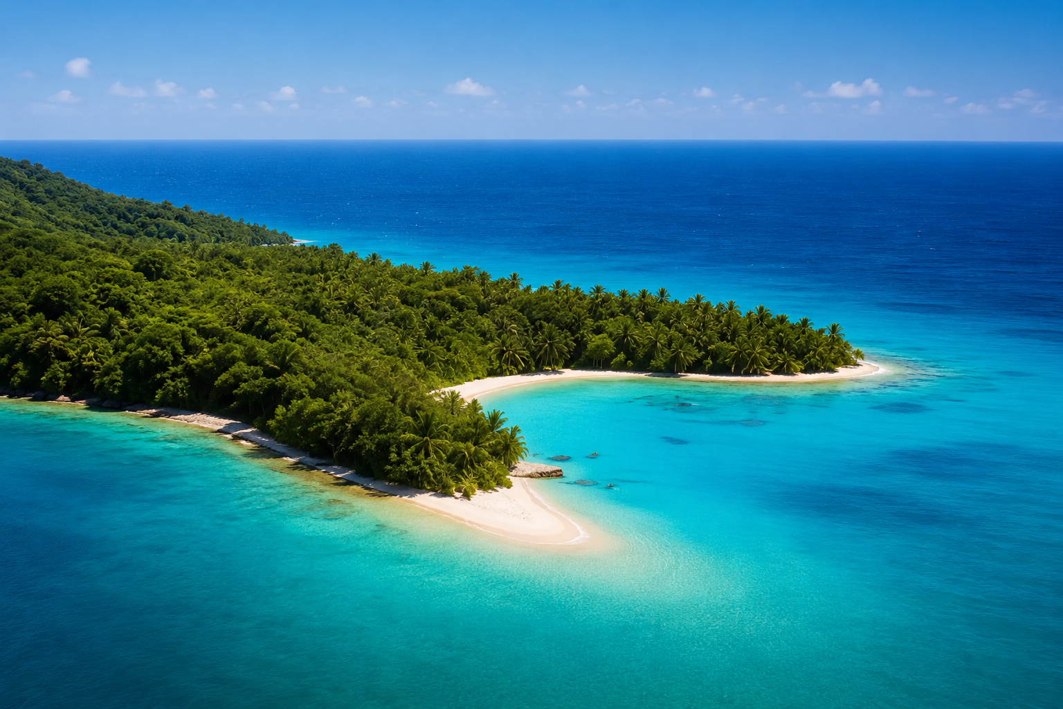 Tropical island with white sand beaches, lush green trees, and turquoise ocean under a blue sky