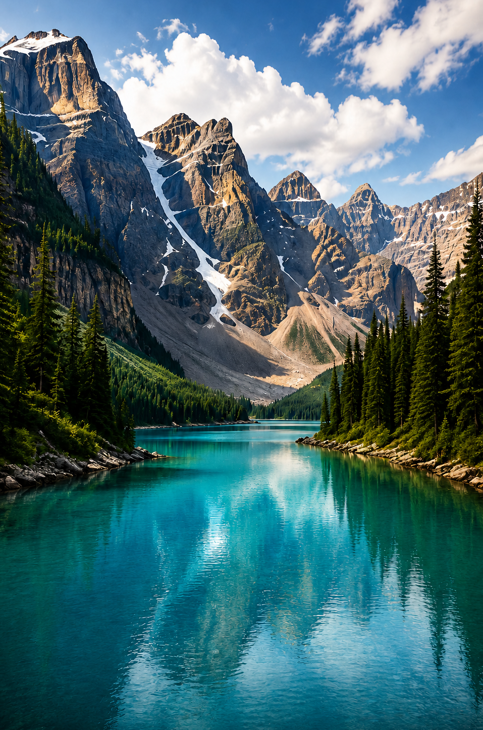 Turquoise mountain lake with pine trees and dramatic rocky peaks under a partly cloudy sky