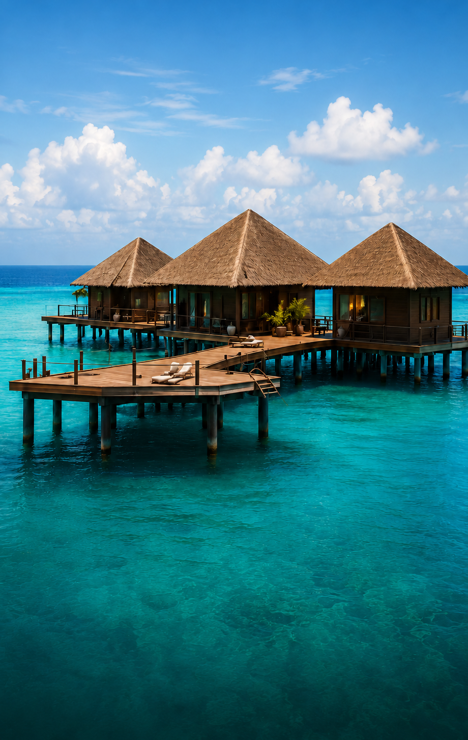 Overwater bungalows on turquoise sea under a blue sky with clouds