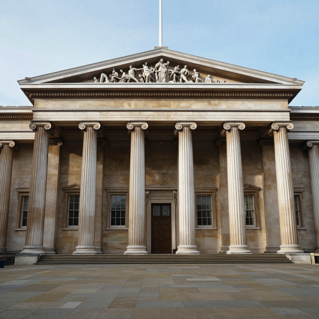 Classical stone museum facade with tall columns and sculpted pediment under a blue sky