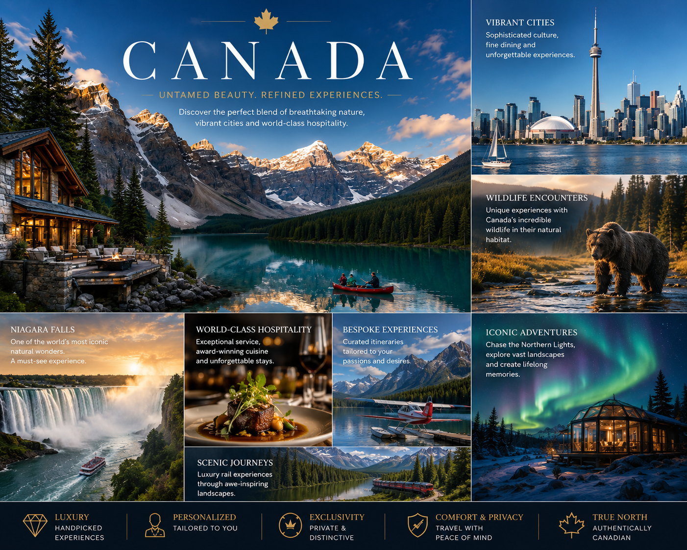 Canada travel collage with mountains, city skyline, aurora, waterfalls, forests, and a bear by a lake