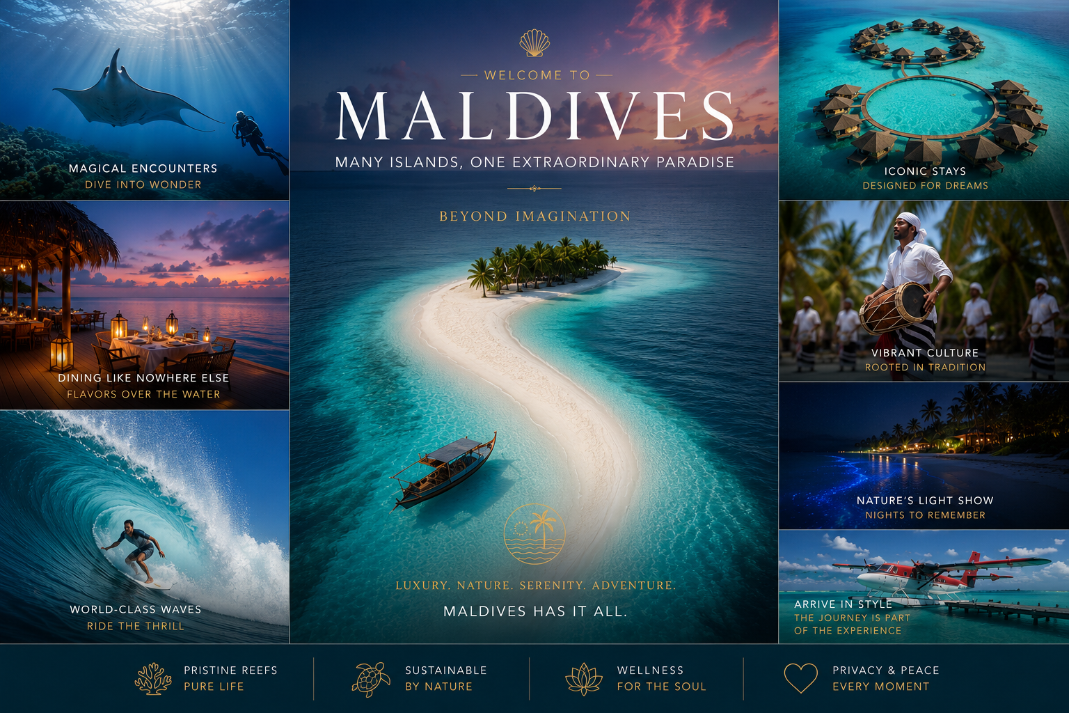 Maldives travel collage with turquoise lagoons, overwater villas, beaches, and sunset resort scenes