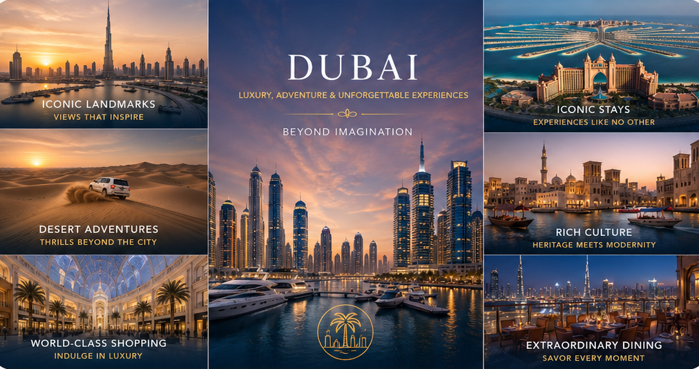 Dubai travel collage with skyline, Burj Khalifa, waterfront views, and sunset city scenes