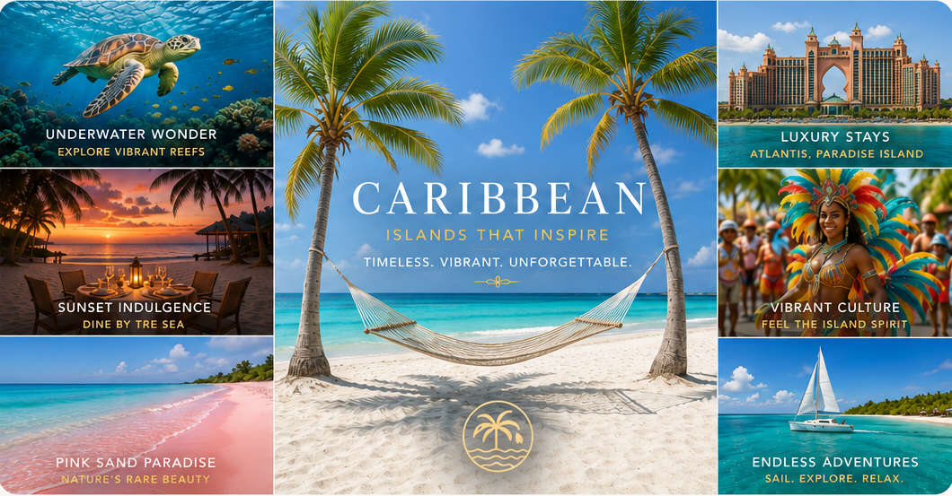 Caribbean beach travel collage with palm trees, turquoise water, resort, sunset, and tropical scenes