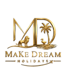 Gold &ldquo;MD&rdquo; logo with lion, palm tree, duck, and the text &ldquo;Make Dream Holidays&rdquo;