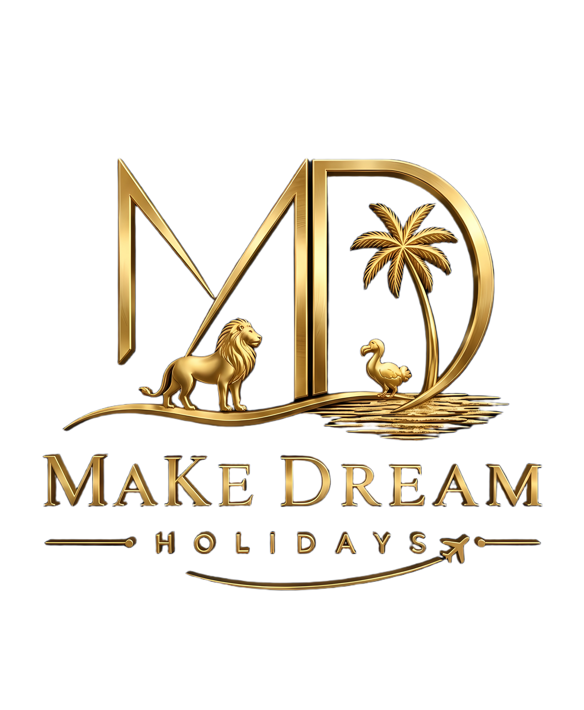Gold &ldquo;MD&rdquo; logo with lion, palm tree, duck, and the text &ldquo;Make Dream Holidays&rdquo;