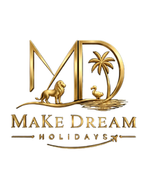 Gold &ldquo;MD&rdquo; logo with lion, palm tree, duck, and the text &ldquo;Make Dream Holidays&rdquo;