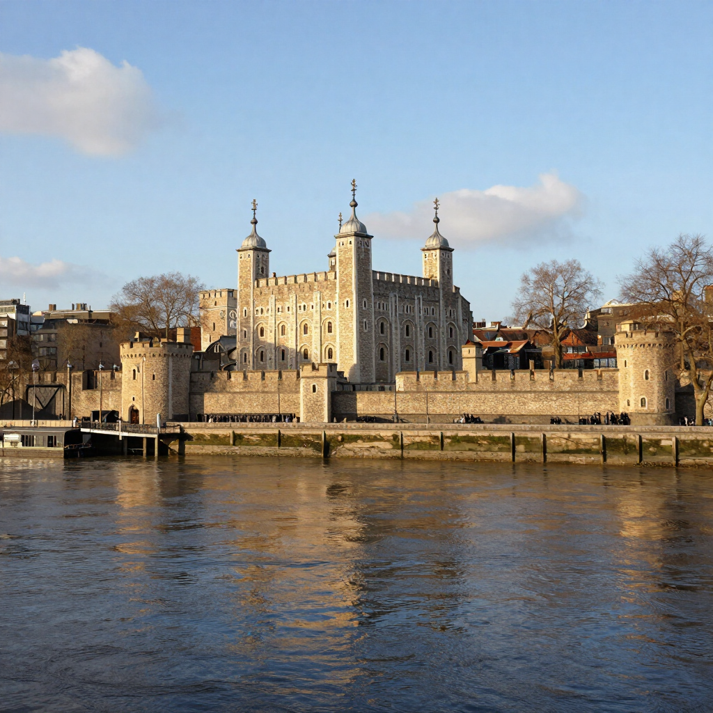 Tower of London on the Thames under a blue sky with clouds