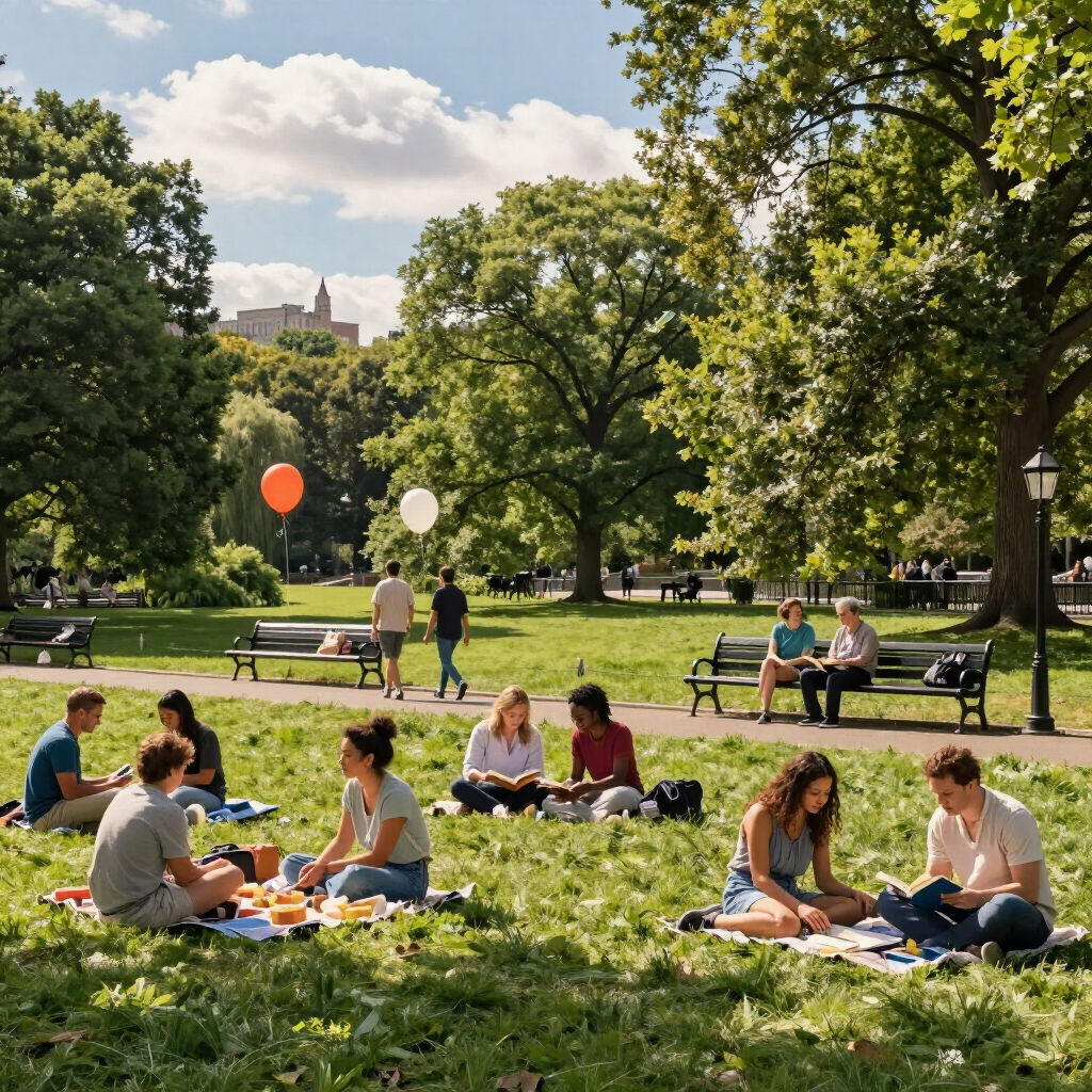 People relaxing on a sunny park lawn with picnic blankets and balloons, surrounded by trees and benches.