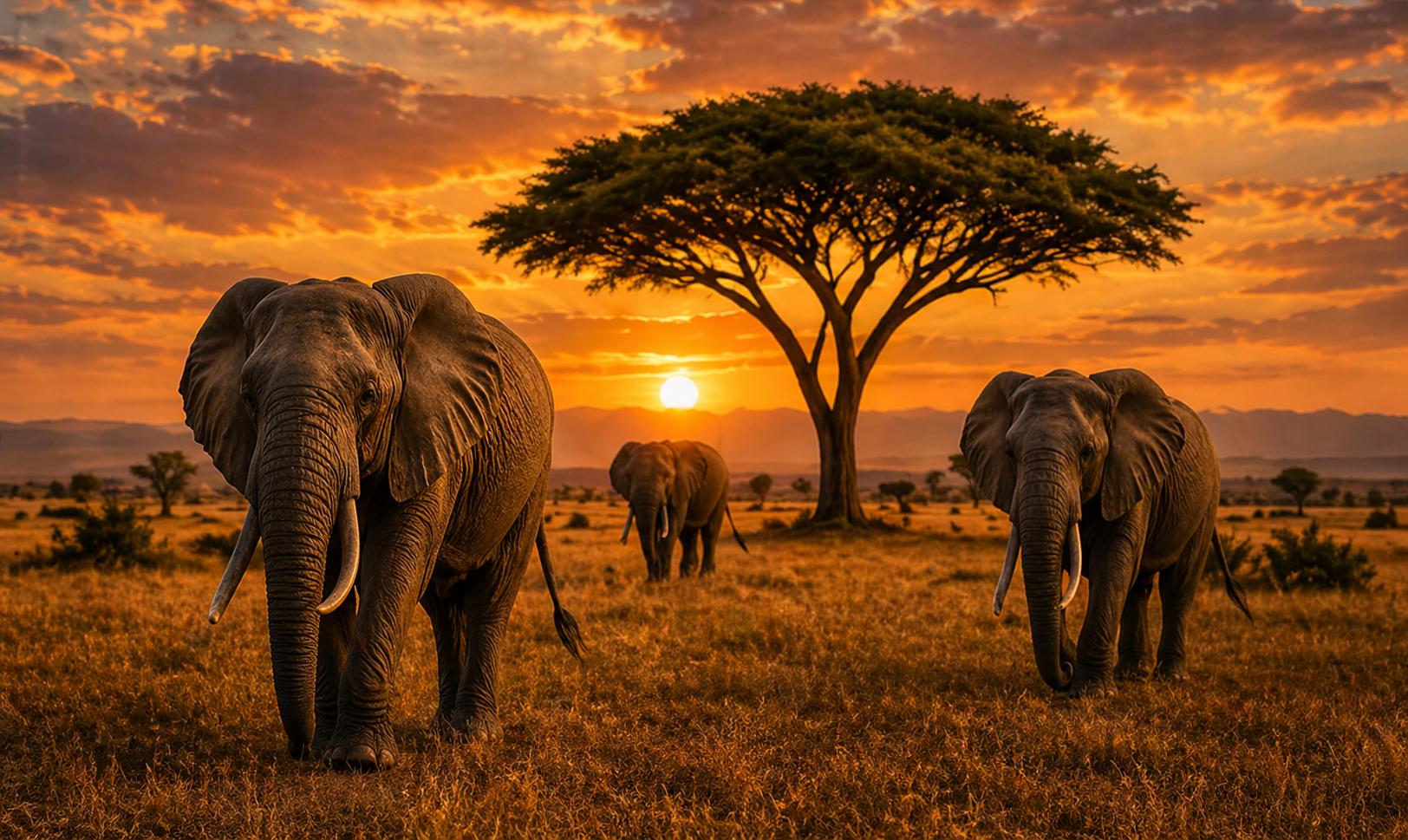 Three elephants in a golden savanna at sunset, with an acacia tree and dramatic orange sky.