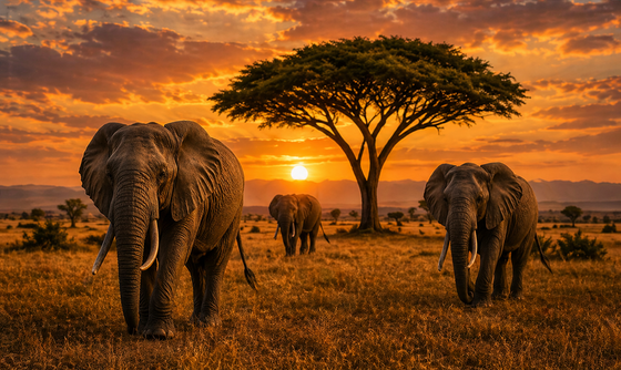 Elephants at sunset in an African savanna with an acacia tree and golden sky