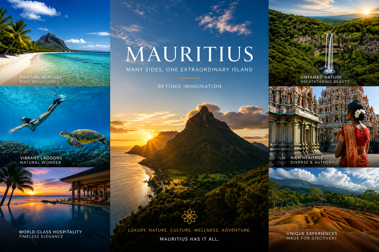 Mauritius travel collage with beaches, snorkeling, waterfall, mountain, and island sunset scenes