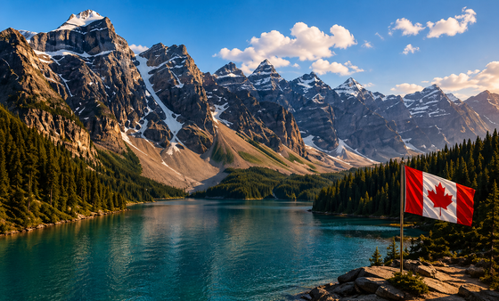 Mountain lake with snowy peaks, pine forest, and a Canadian flag in the foreground