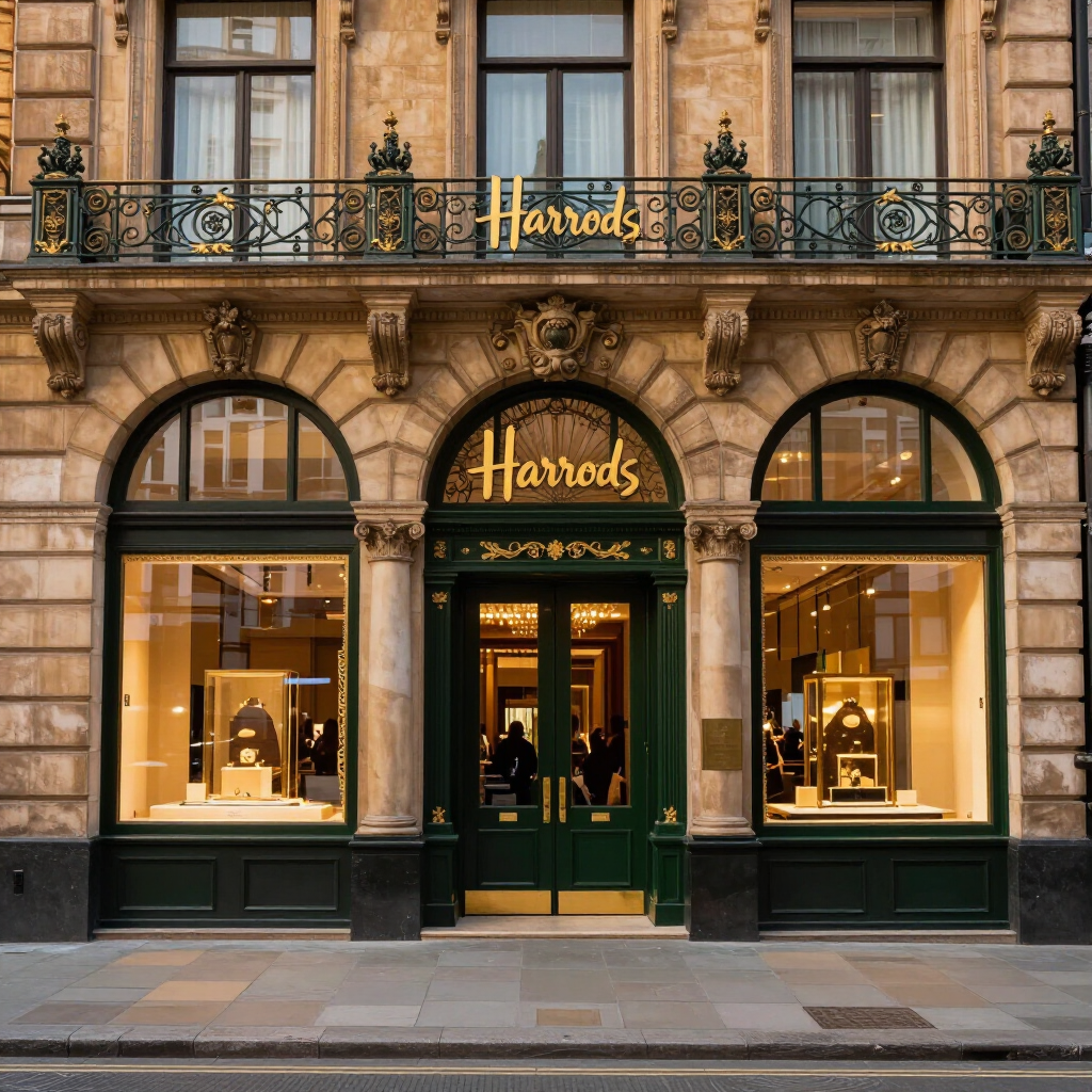 Harrods storefront with ornate stone facade, green doors, and illuminated window displays