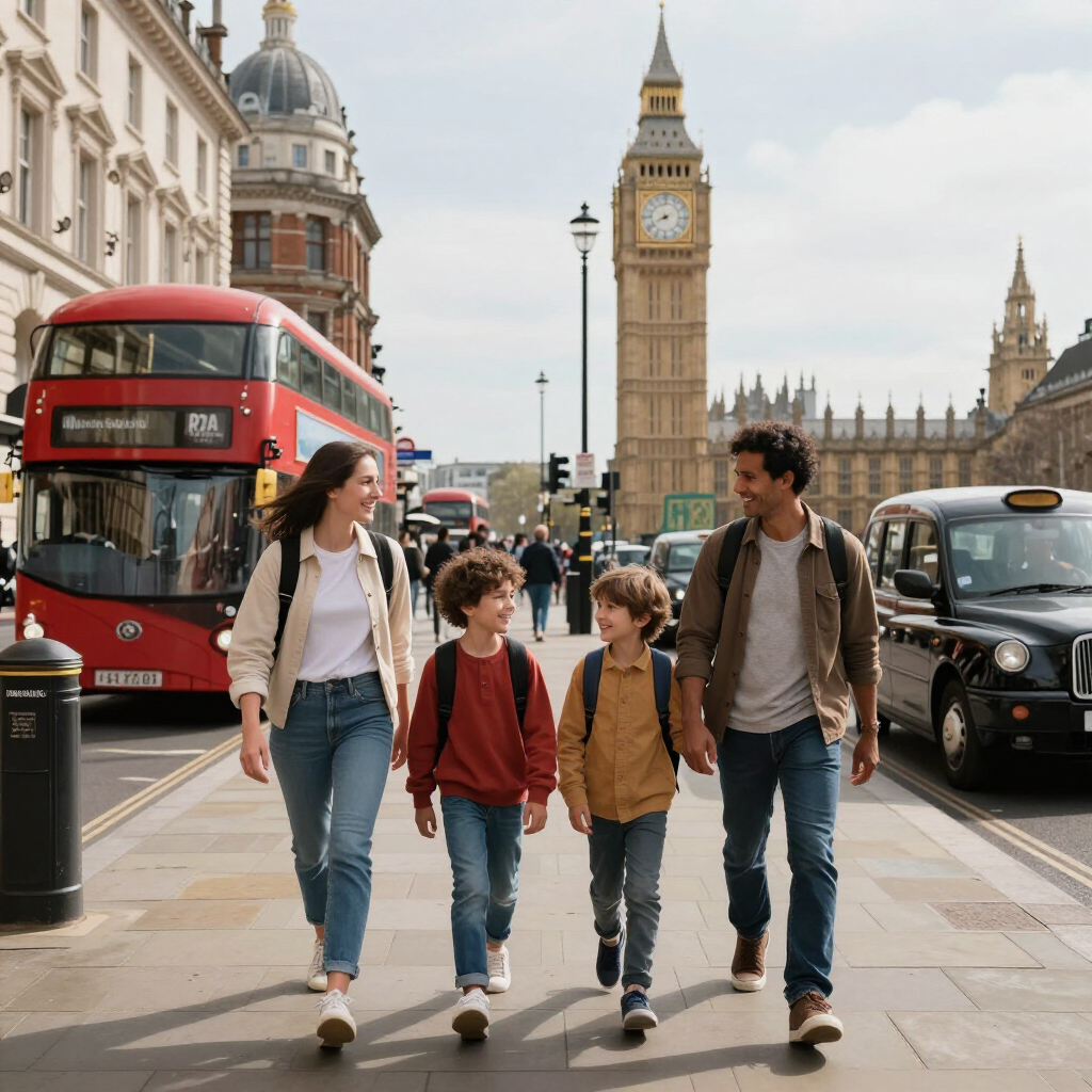 Family walking on a London street near Big Ben, with a red double-decker bus and black taxi in the background