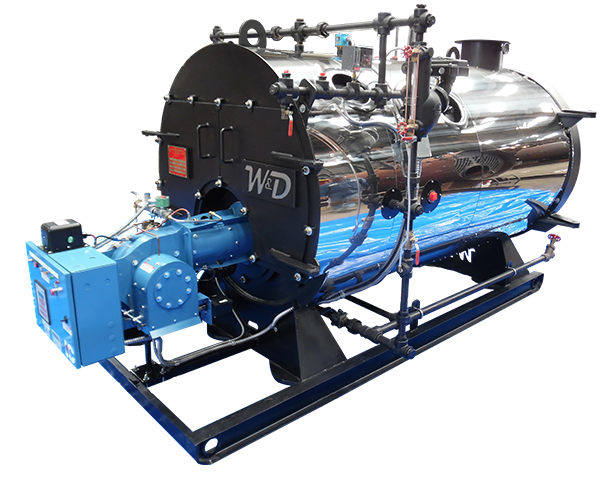 A large, industrial steam boiler, blue and silver, with black support frame.