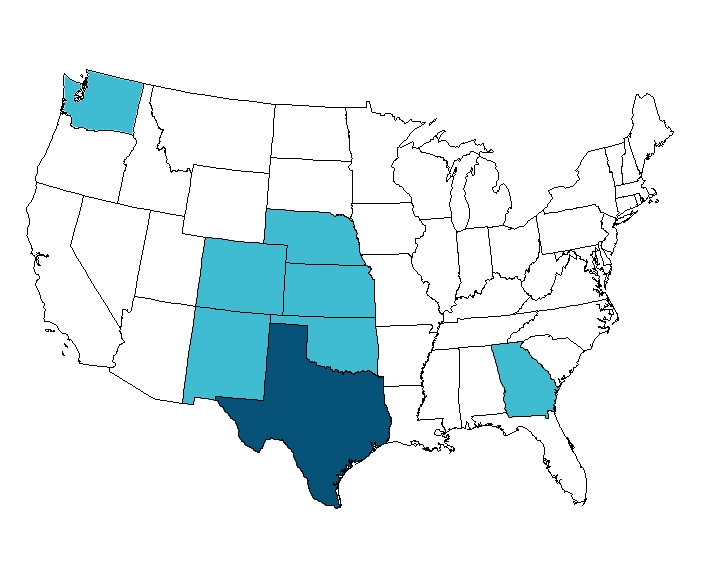 Map of the U.S. with Texas colored dark blue and several other states in lighter blue.