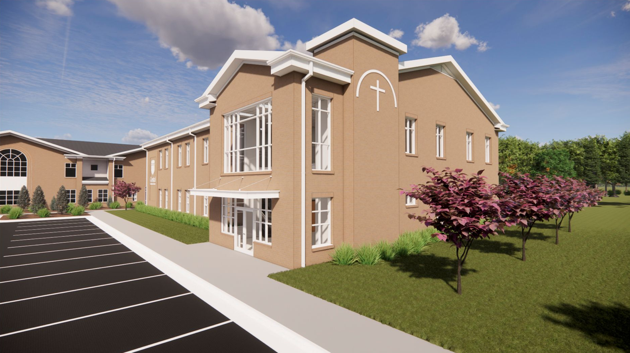 Rendering of a tan two-story building with a parking lot, sidewalk, grass, and flowering trees