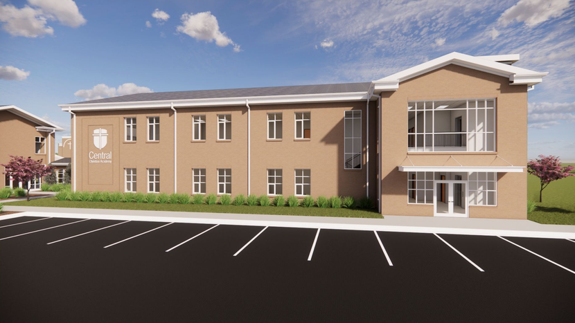 Rendering of a tan two-story building with parking lot and white-striped spaces under a blue sky