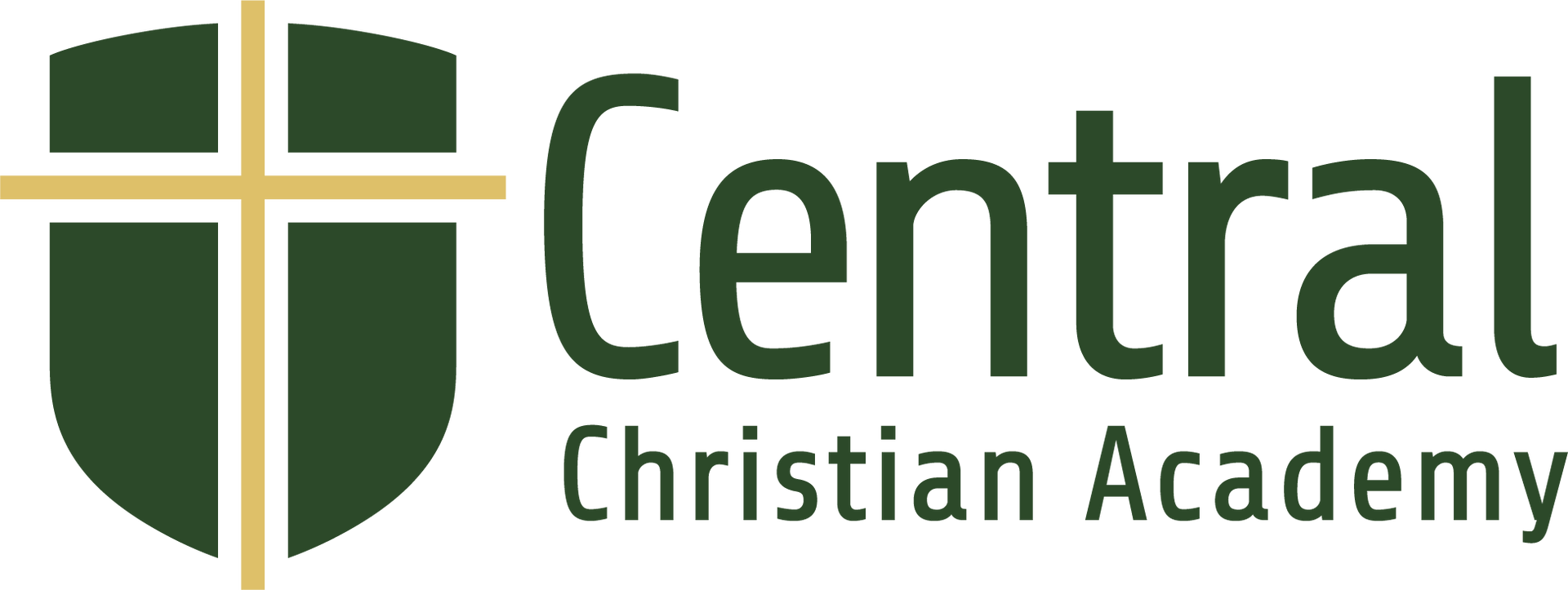 Central Christian Academy logo with green shield cross and green text on white background
