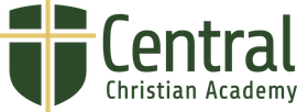 Central Christian Academy logo with green shield cross and green text on white background