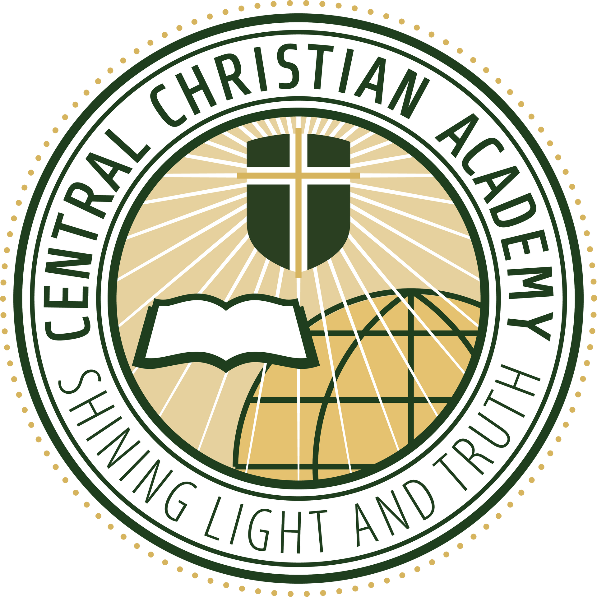 Central Christian Academy circular logo with cross, open book, globe, and “Shining Light and Truth” text