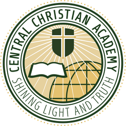 Central Christian Academy circular logo with cross, open book, globe, and “Shining Light and Truth” text