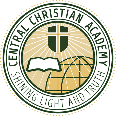 Central Christian Academy circular logo with cross, open book, globe, and “Shining Light and Truth” text
