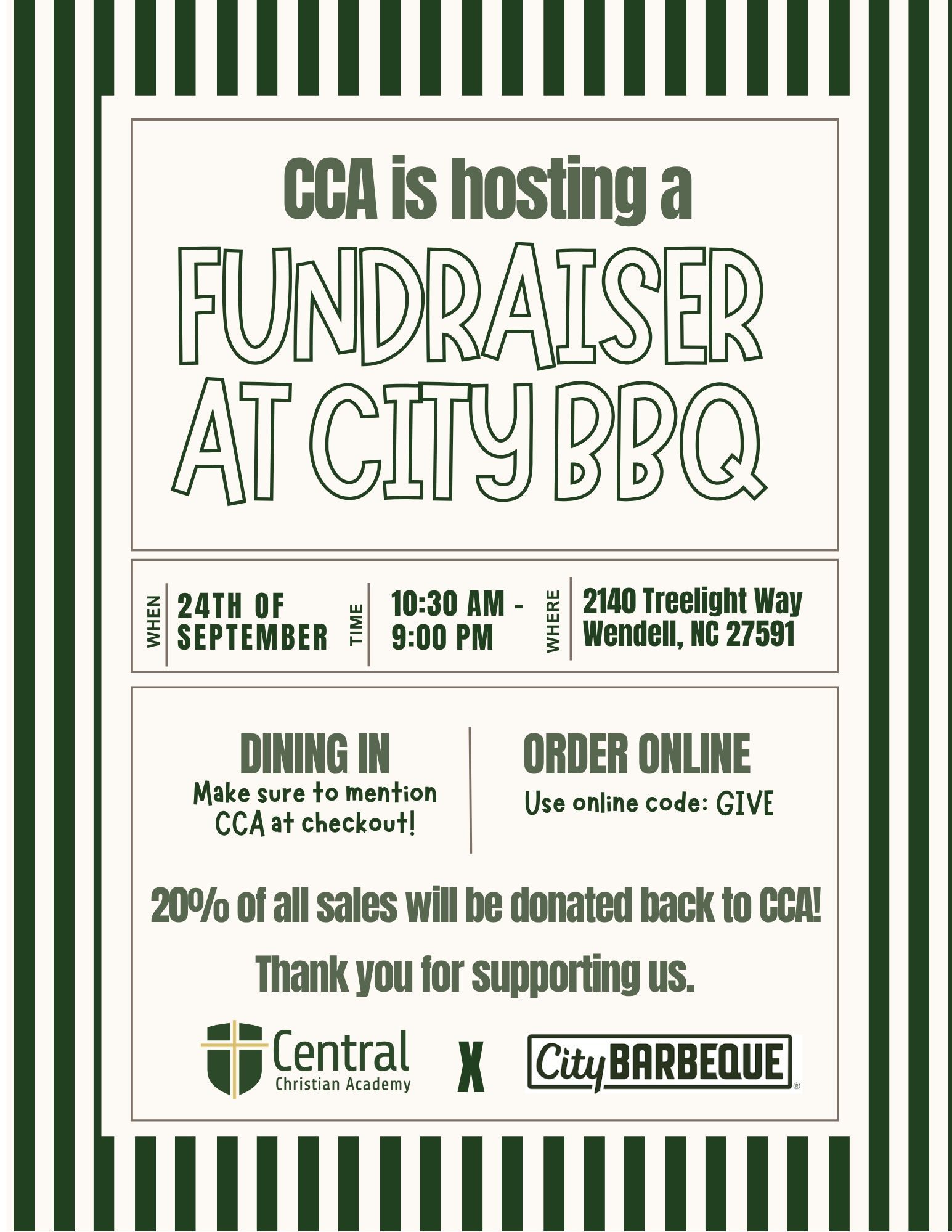 City BBQ fundraiser in Wendell supporting Central Christian Academy