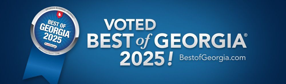 Georgia 2025 Best of Georgia badge and ribbon on blue background, with “Voted Best of Georgia 2025” text
