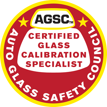 AGSC Certified Glass Calibration Specialist auto glass safety council emblem, red and yellow circular seal
